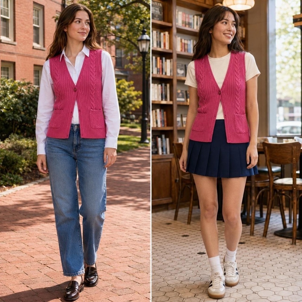 Van Heusen Women's L Pink Cotton Cable Knit Button Front Sweater Vest Academia